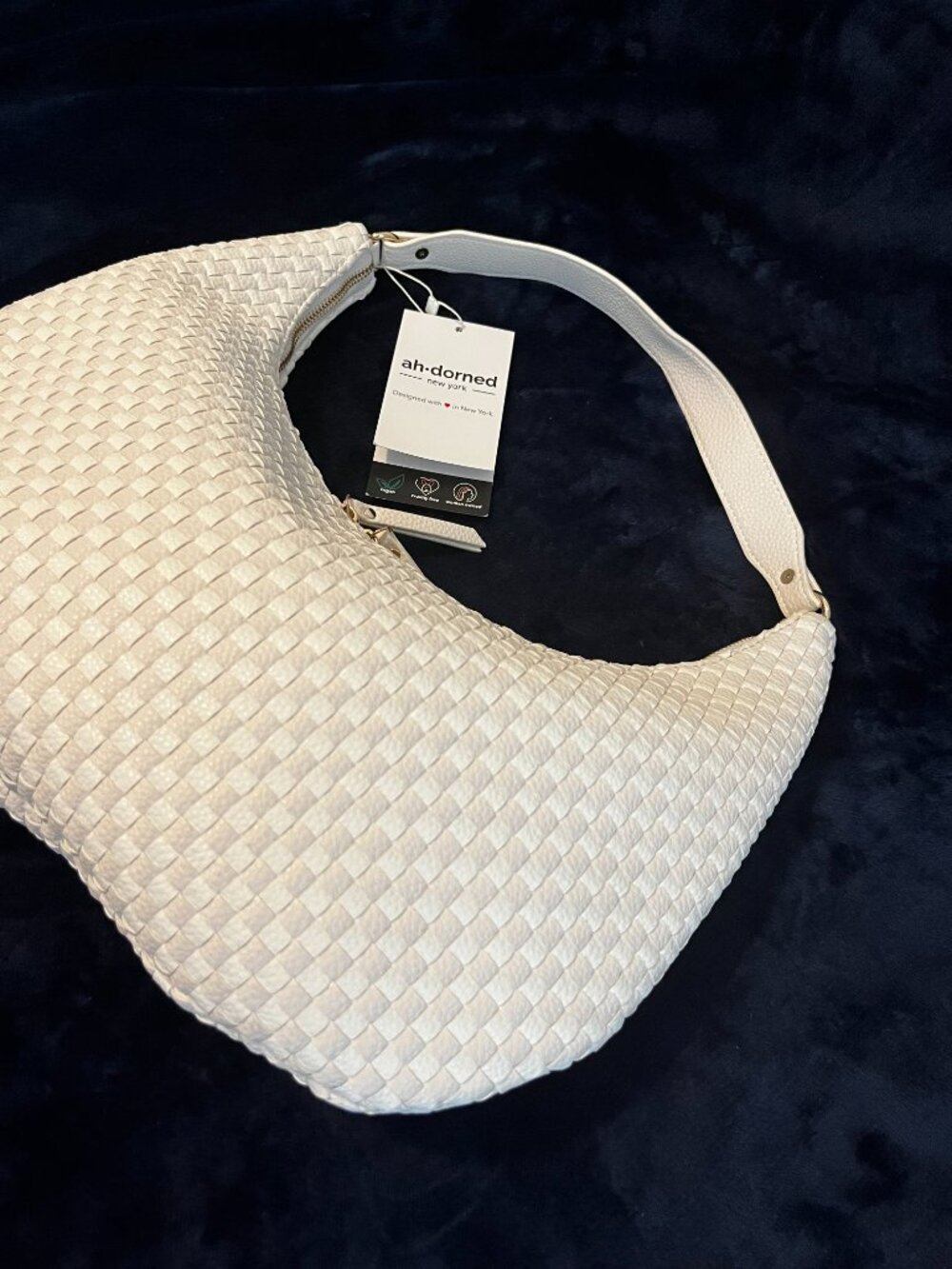 BRAND NEW Ah-Dorned White & Light Pink Woven Medium Half Moon Handbag Purse